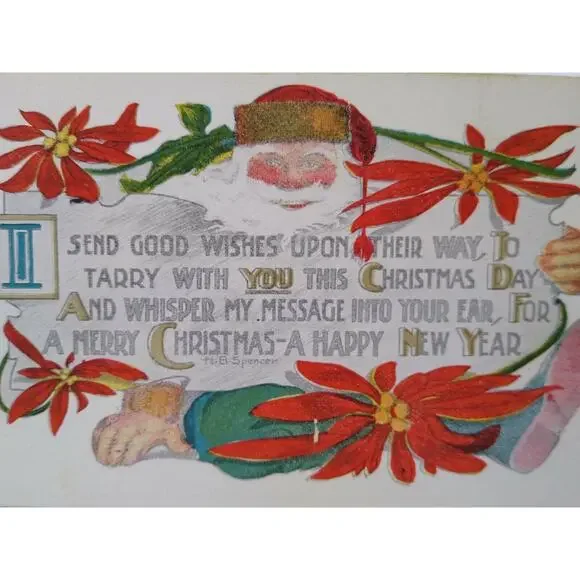 Santa Claus Christmas Postcard HB Spencer Fantasy Poinsettias 1914 Martinsburg